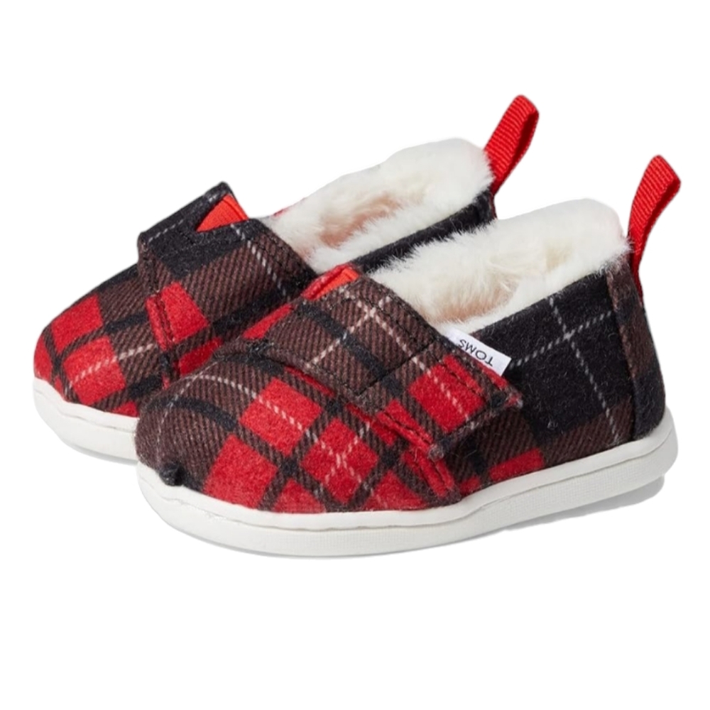 Toms Baby Tiny Kids Alpargata Red Tartan Printed Felt/Faux Fur Loafers Size 4